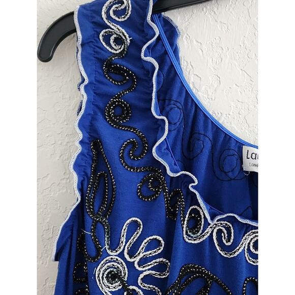TOP-LAUREN MICHELLE-Royal Blue-Metallic Detail-Sleeveless-Ruffled-Size Medium - Picture 4 of 16